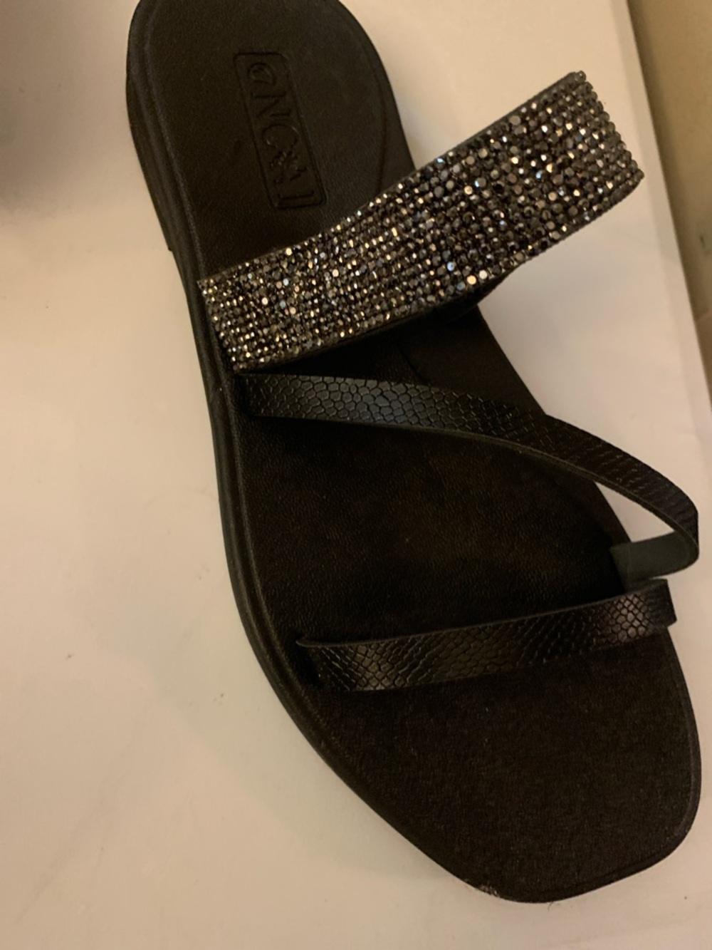 Aetrex Black Crystal-Strap Women's Slide Sandal